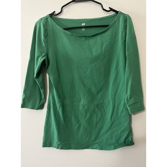 H&M Women Solid Top Green 3/4 Sleeve T-Shirt Large - Picture 1 of 6